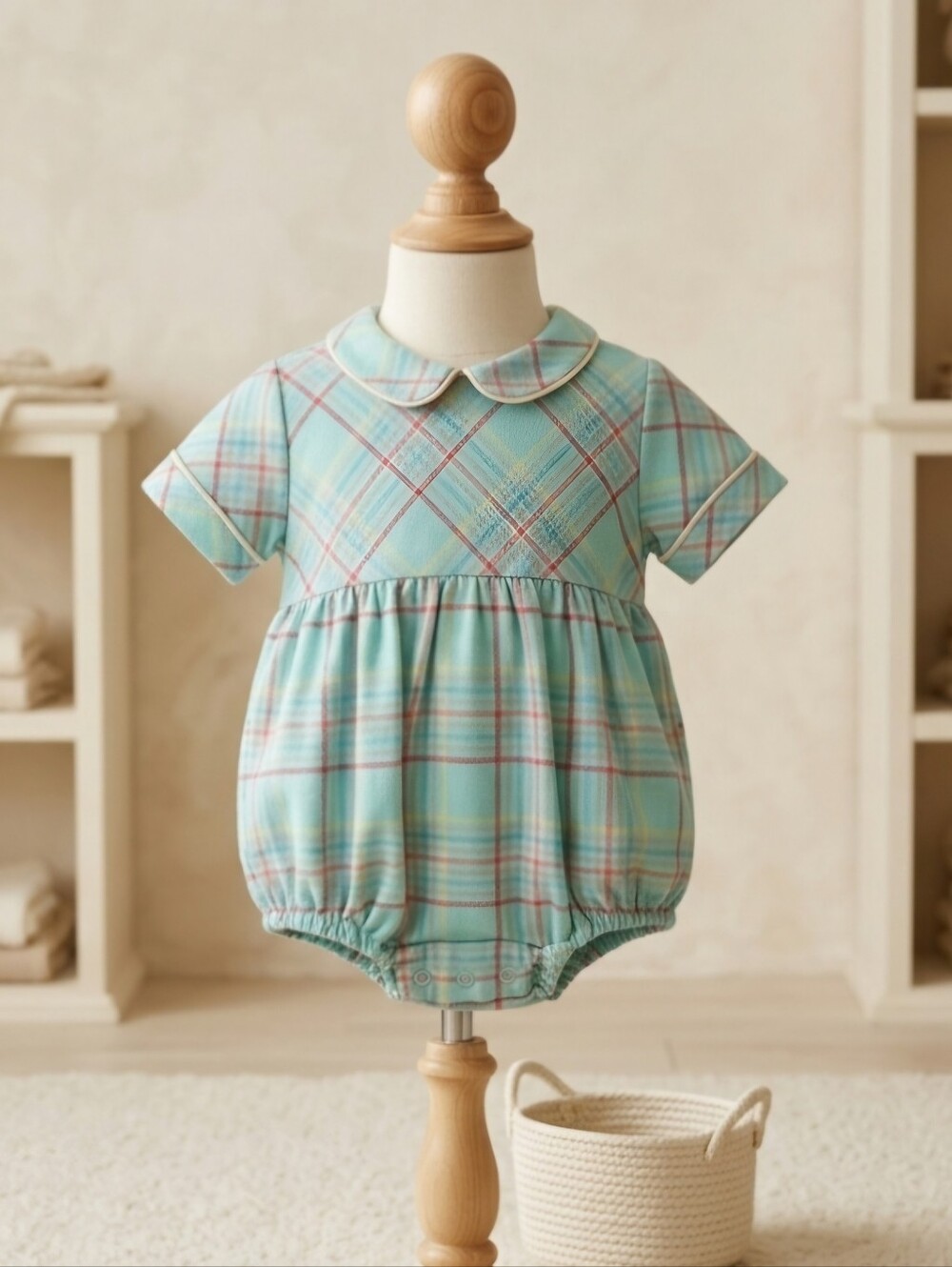 The Beaufort Bonnet Company Green Plaid Bubble with Peter Pan Collar Size 6-12M